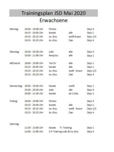 Trainingszeiten Erwachsene Mai 2020